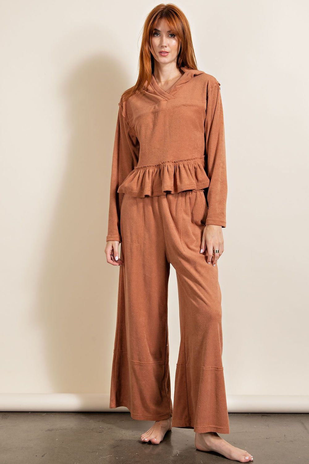 Camel Hoodie Top with Ruffles - Freebohochic