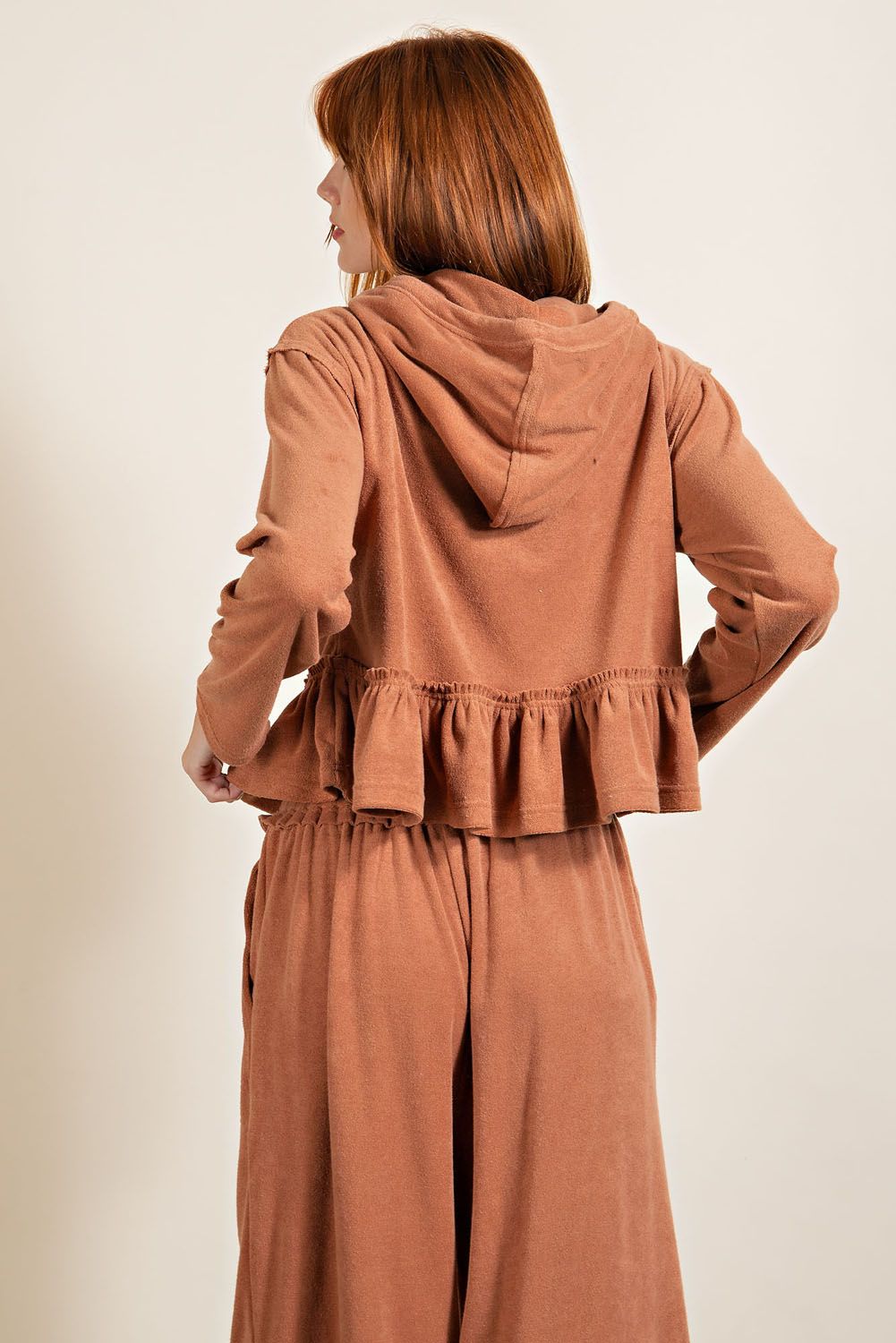 Camel Hoodie Top with Ruffles - Freebohochic