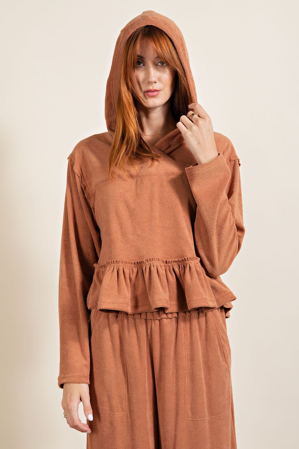 Camel Hoodie Top with Ruffles - Freebohochic