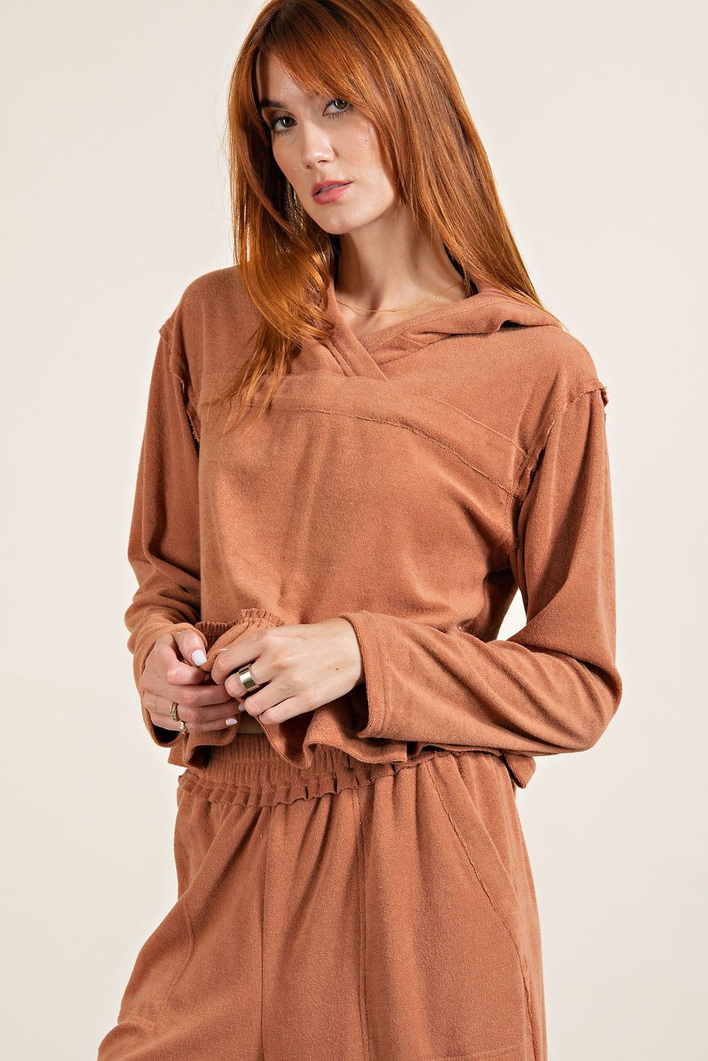 Camel Hoodie Top with Ruffles - Freebohochic