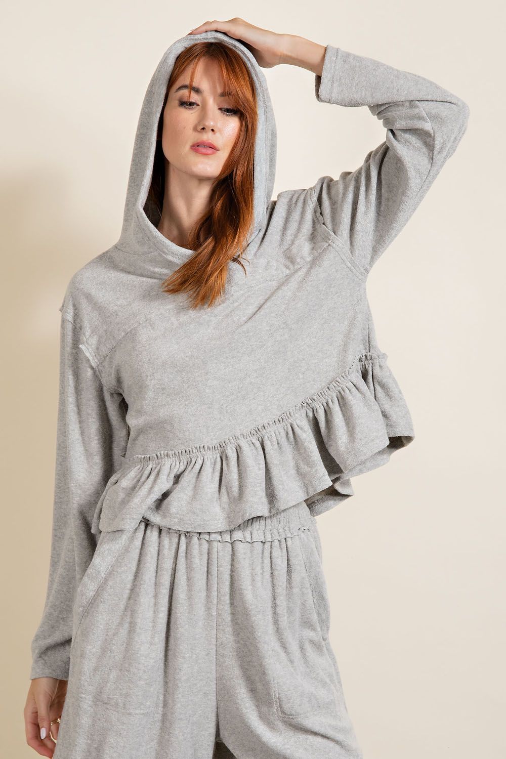 Heather Grey Hoodie Top with Ruffles - Freebohochic