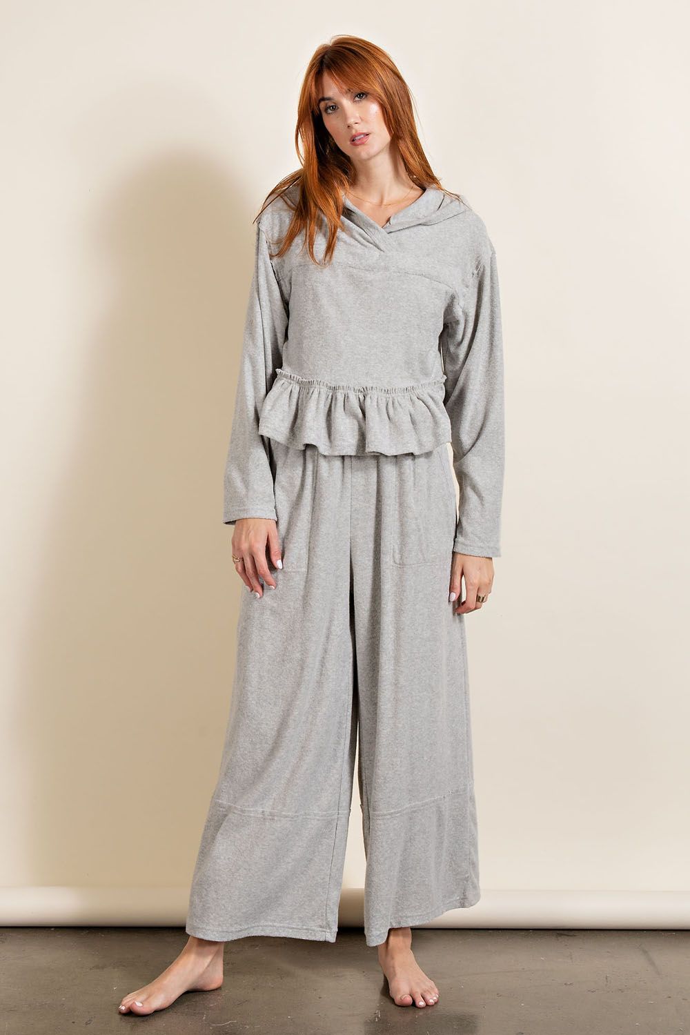 Heather Grey Hoodie Top with Ruffles - Freebohochic