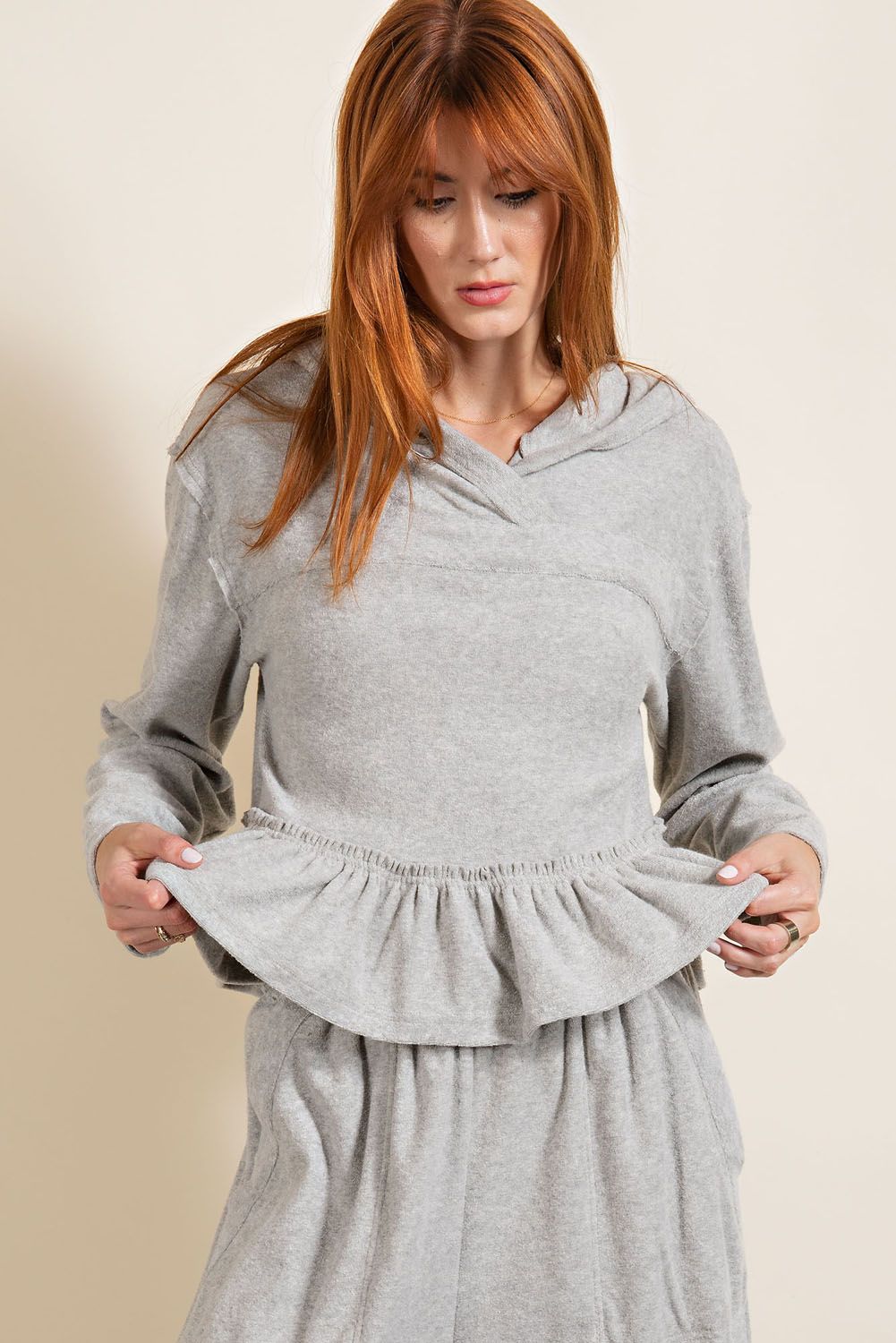 Heather Grey Hoodie Top with Ruffles - Freebohochic