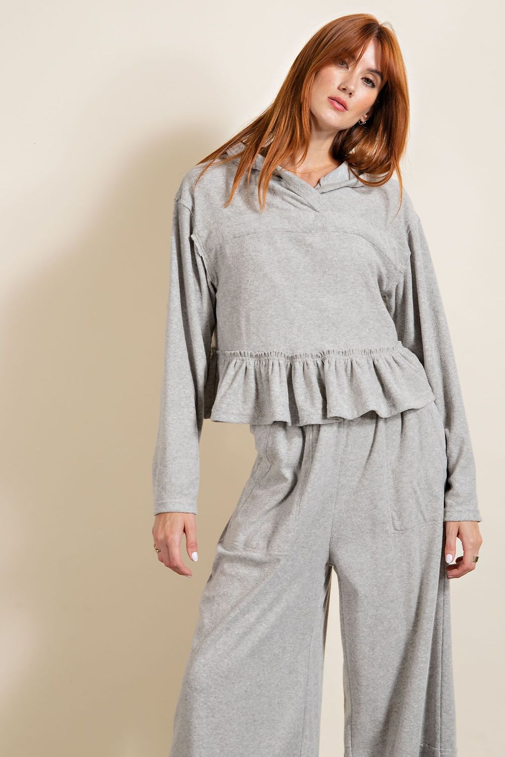Heather Grey Hoodie Top with Ruffles - Freebohochic