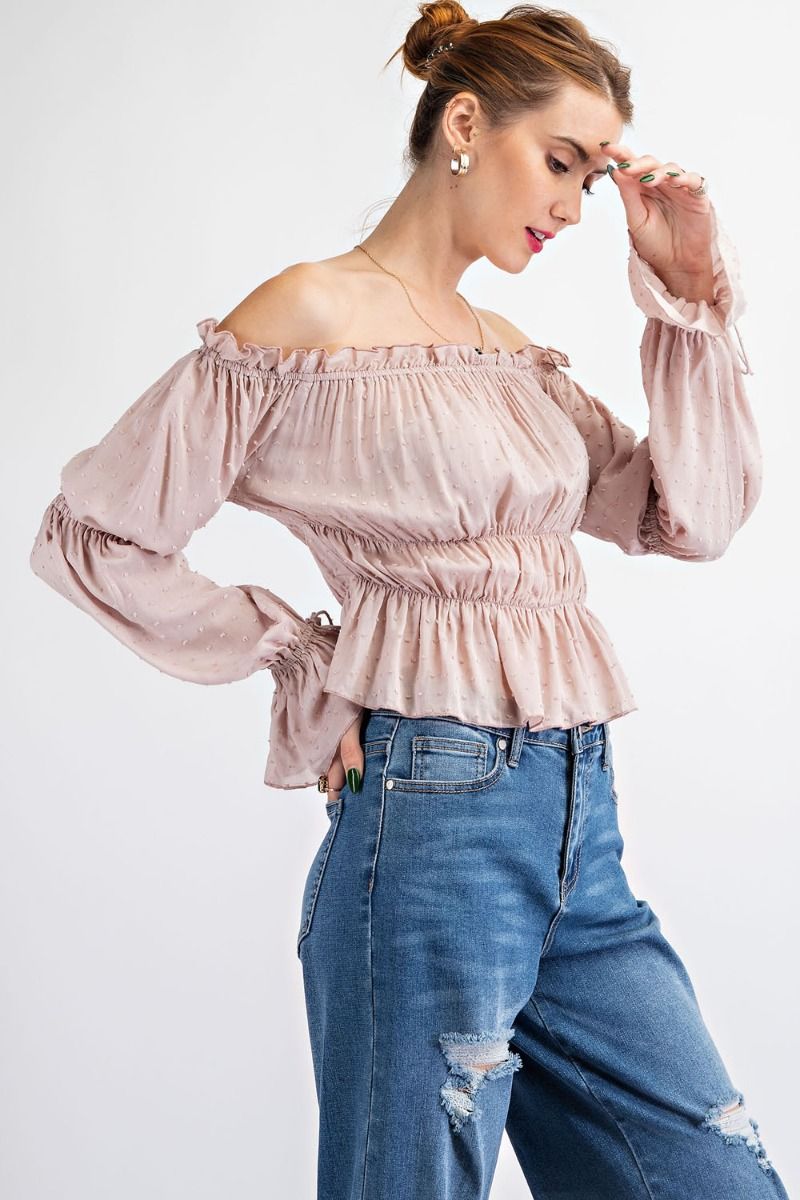 Off Shoulder Rouch Latte Top - Freebohochic