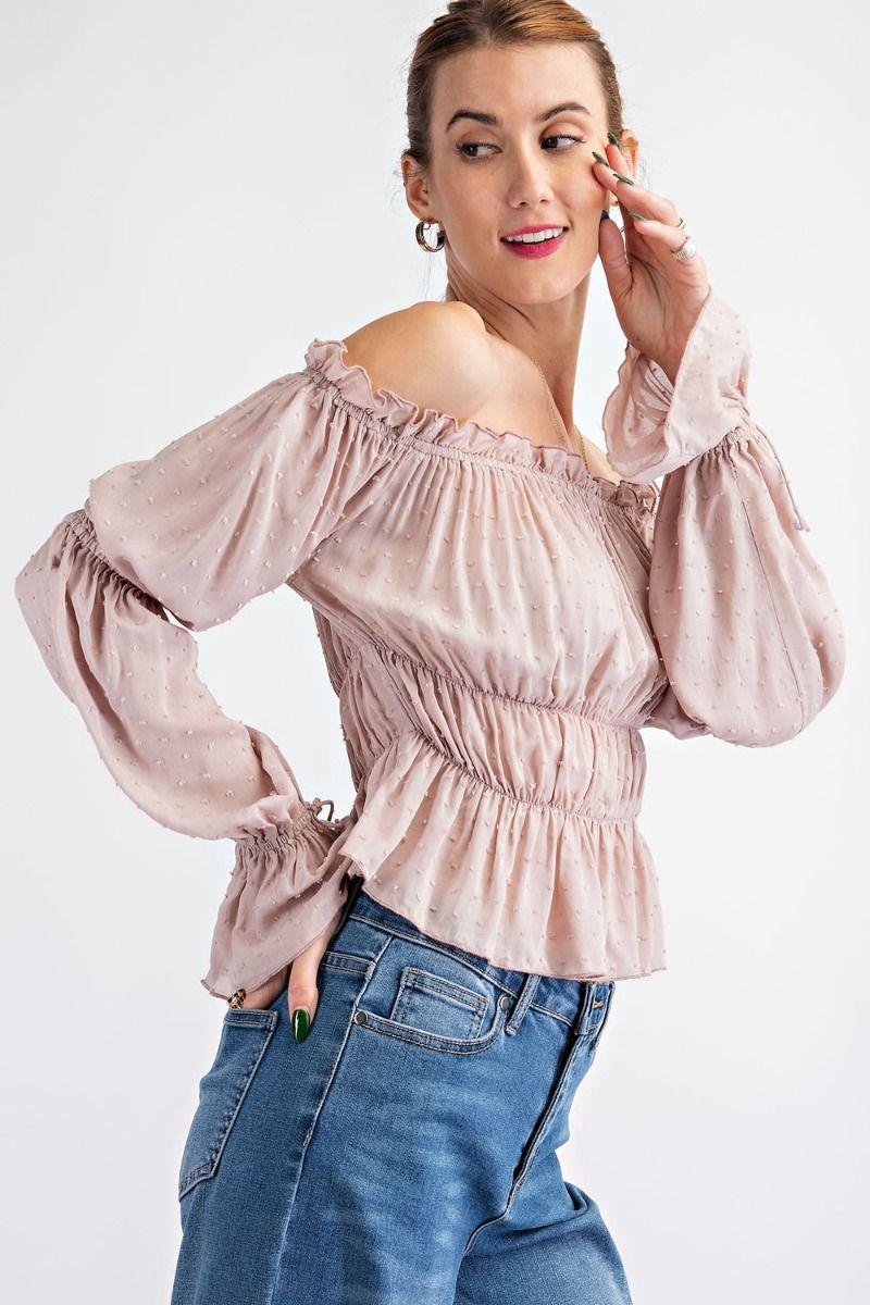 Off Shoulder Rouch Latte Top - Freebohochic