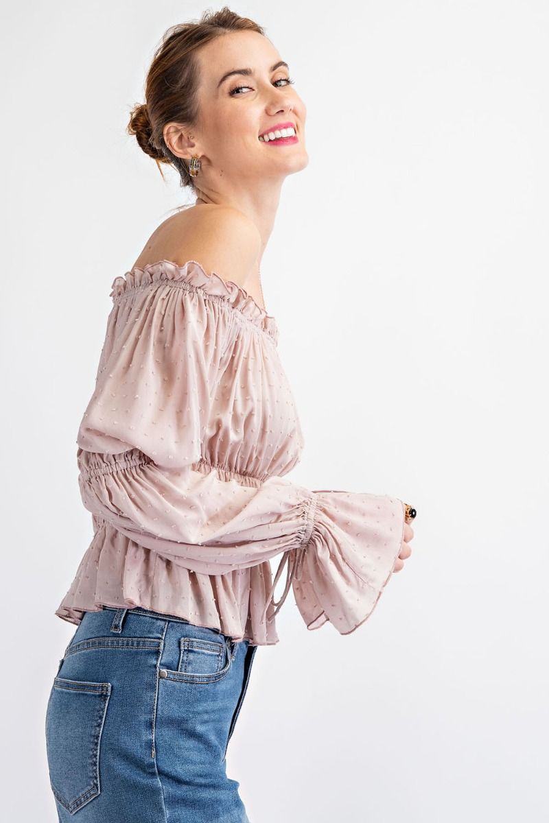 Off Shoulder Rouch Latte Top - Freebohochic