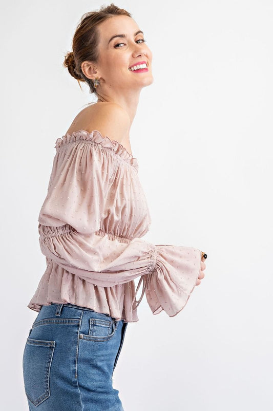 Off Shoulder Rouch Latte Top - Freebohochic