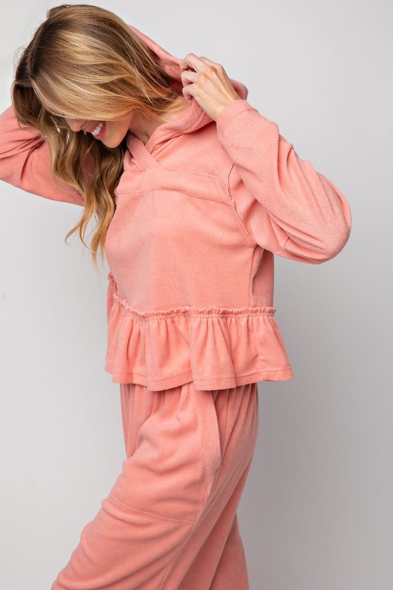 Peach Coral Hoodie Top with Ruffles - Freebohochic