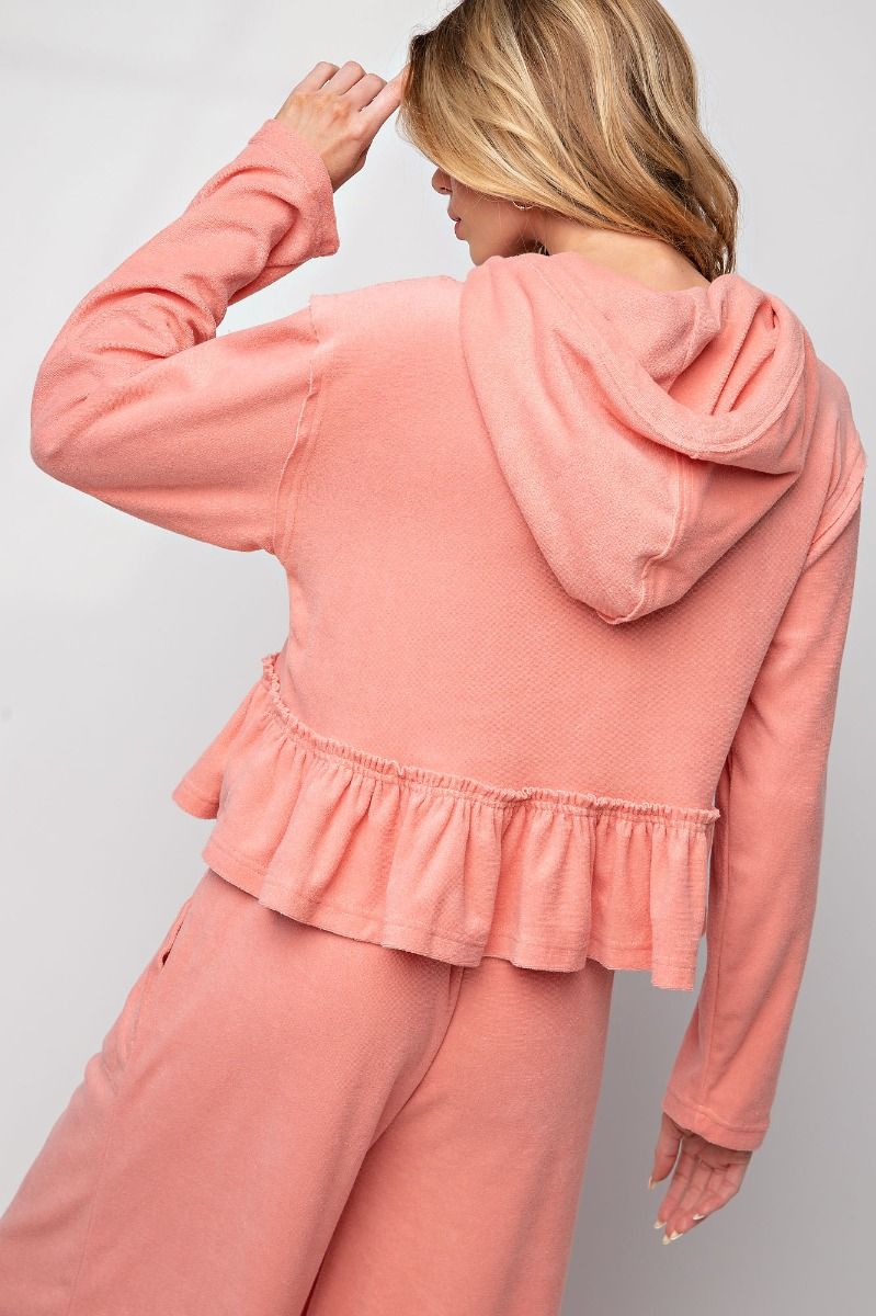 Peach Coral Hoodie Top with Ruffles - Freebohochic