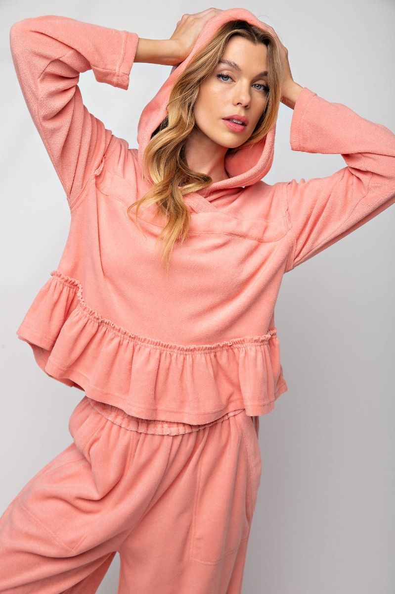 Peach Coral Hoodie Top with Ruffles - Freebohochic