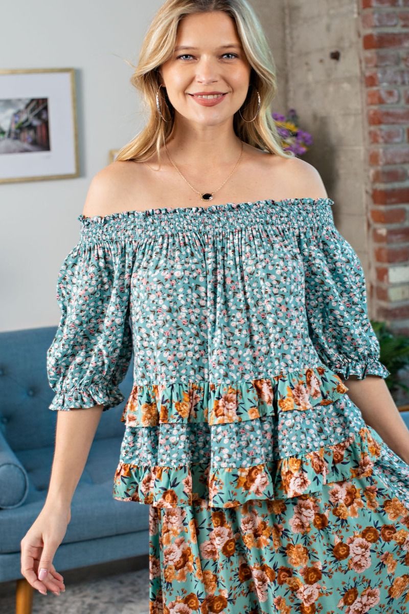 Off Shoulder Flowery Top - Freebohochic