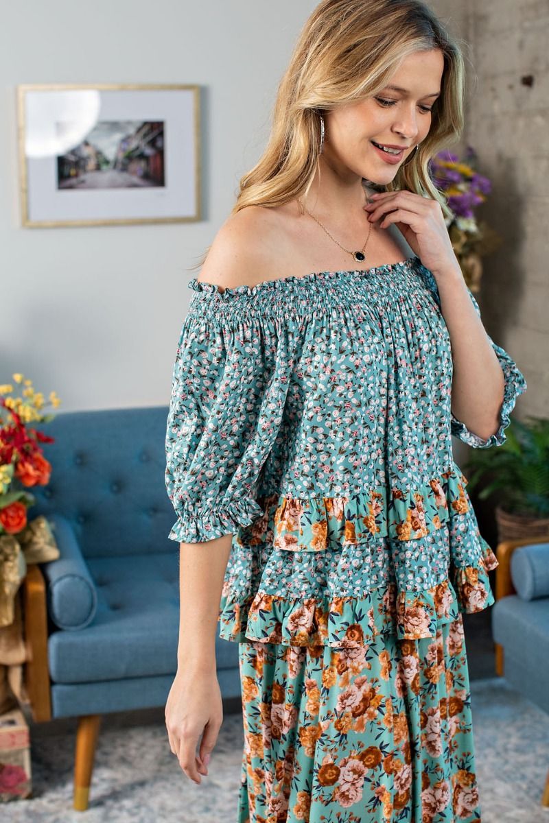 Off Shoulder Flowery Top - Freebohochic